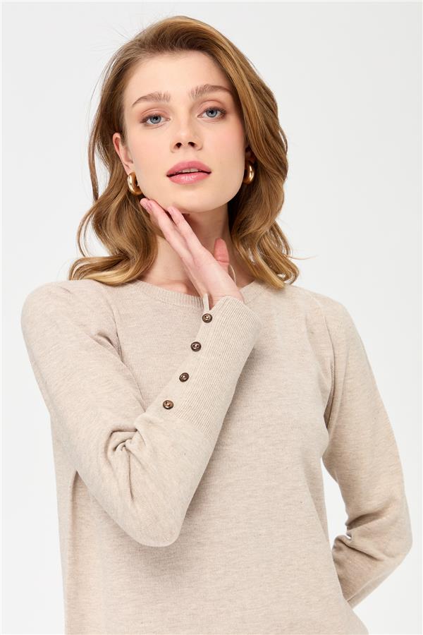 Womens Crew Neck Short Front Long Back Sweater Beige