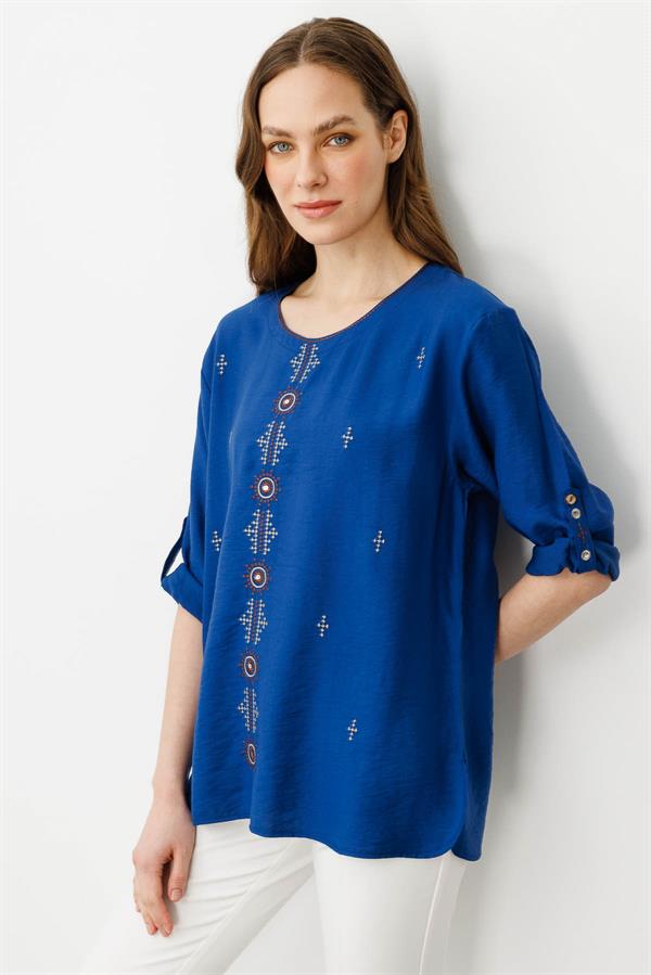 Kadın Sıfır Yaka Önü Nakışlı Bluz İndigo