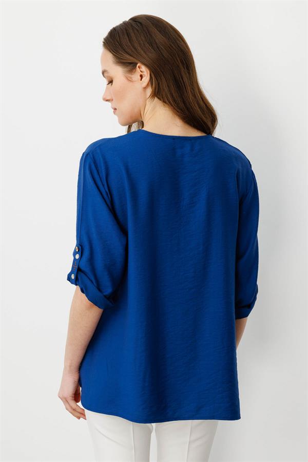 Kadın Sıfır Yaka Önü Nakışlı Bluz İndigo