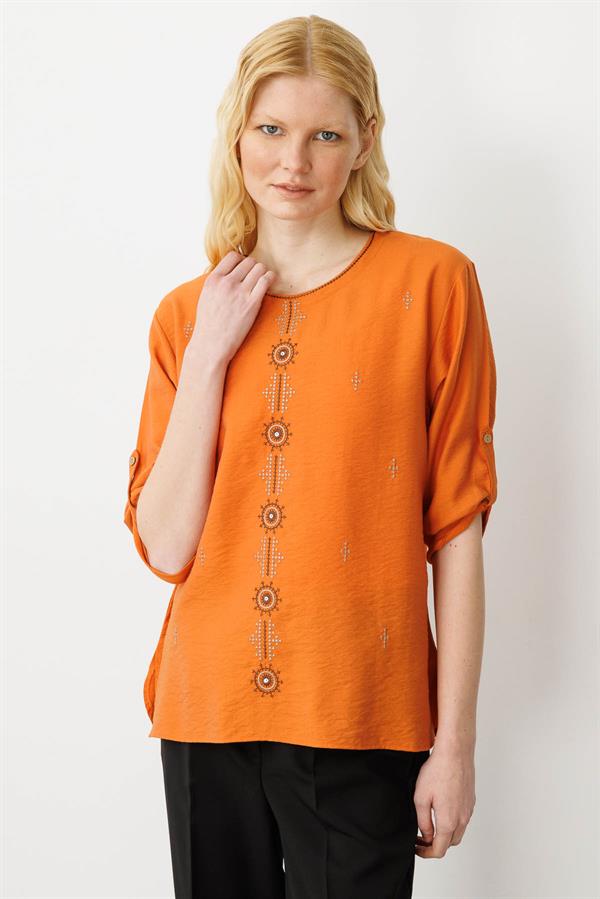 Kadın Sıfır Yaka Önü Nakışlı Bluz Turuncu