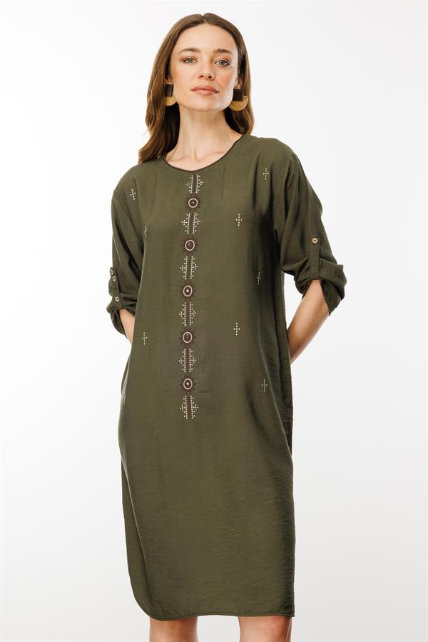 Kadın Sıfır Yaka Önü Nakışlı Elbise Haki