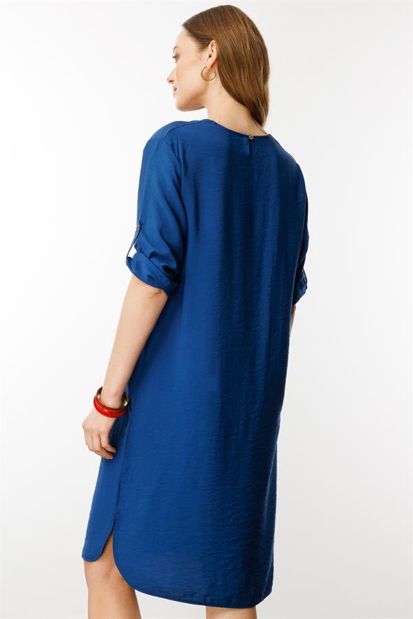 Kadın Sıfır Yaka Önü Nakışlı Elbise İndigo