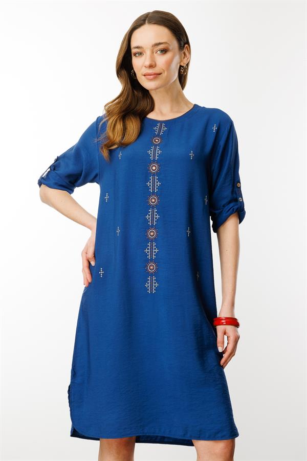 Kadın Sıfır Yaka Önü Nakışlı Elbise İndigo