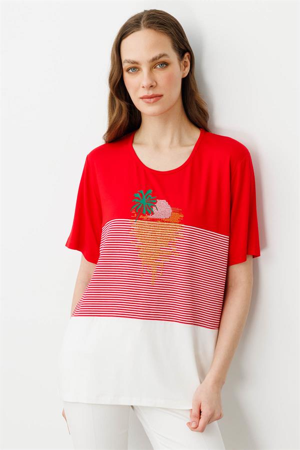 Женская хлопковая футболка с круглым вырезом и пальмовыми стразами спереди красная