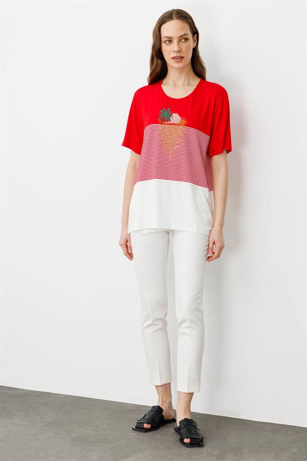 Женская хлопковая футболка с круглым вырезом и пальмовыми стразами спереди красная