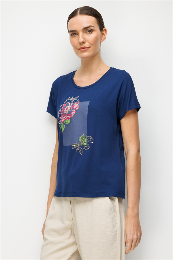 Kadın Sıfır Yaka Önü Payet Güllü Penye T-shirt Lacivert