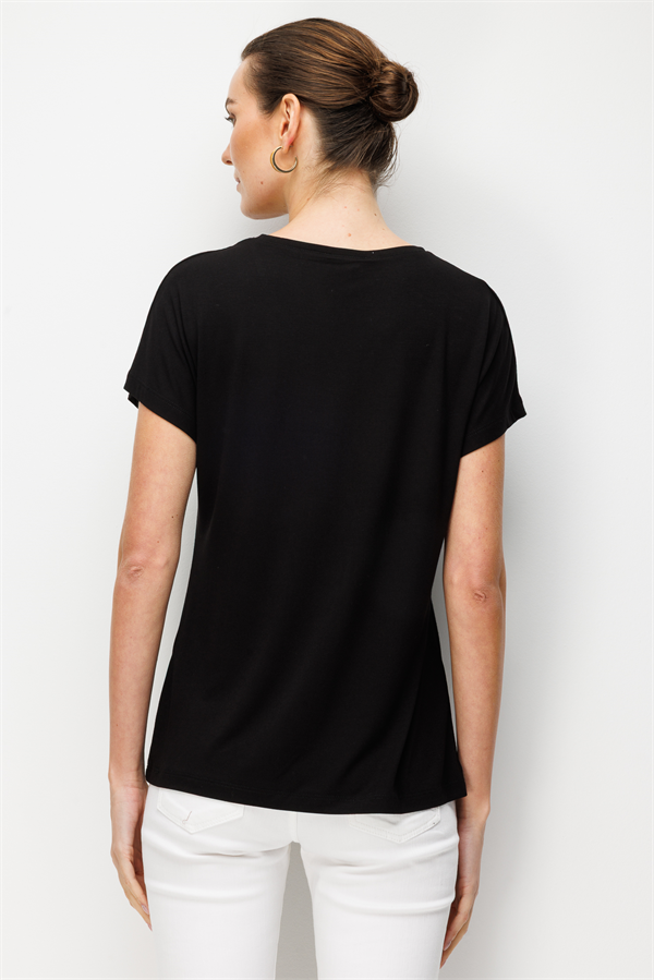 Kadın Sıfır Yaka Önü Payet Güllü Penye T-shirt Siyah