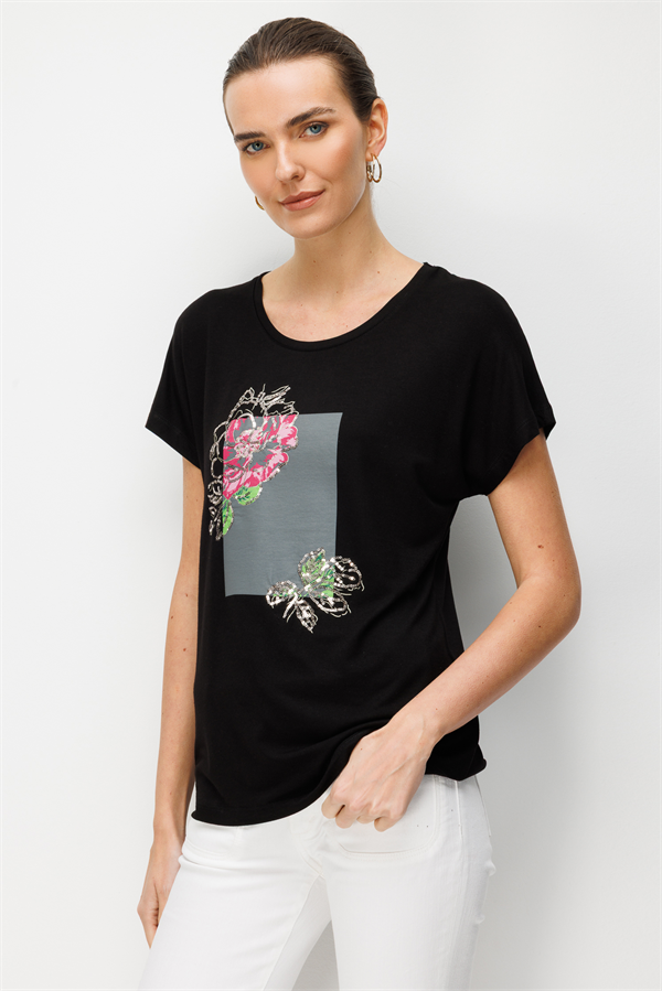 Kadın Sıfır Yaka Önü Payet Güllü Penye T-shirt Siyah