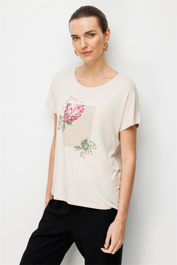 Kadın Sıfır Yaka Önü Payet Güllü Penye T-shirt Bej