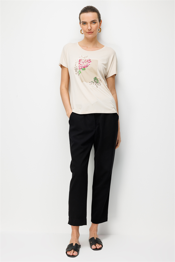 Kadın Sıfır Yaka Önü Payet Güllü Penye T-shirt Bej