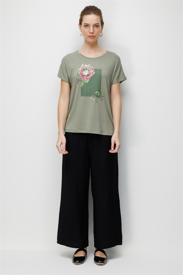 Kadın Sıfır Yaka Önü Payet Güllü Penye T-shirt Haki