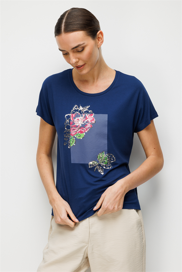 Kadın Sıfır Yaka Önü Payet Güllü Penye T-shirt Lacivert