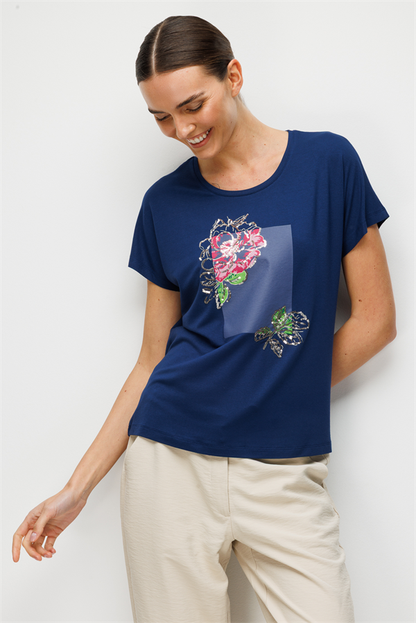 Kadın Sıfır Yaka Önü Payet Güllü Penye T-shirt Lacivert