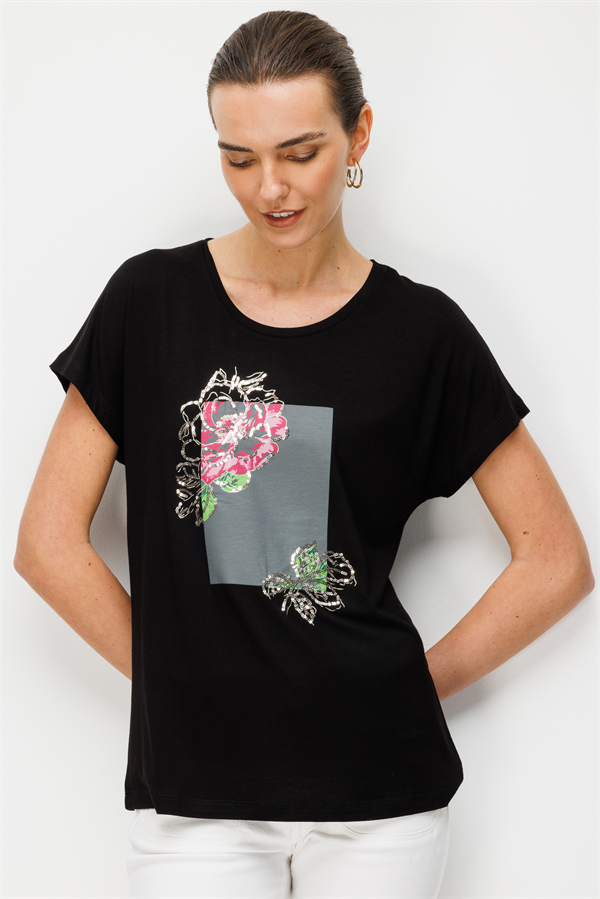 Kadın Sıfır Yaka Önü Payet Güllü Penye T-shirt Siyah