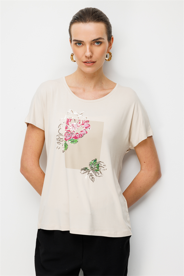 Kadın Sıfır Yaka Önü Payet Güllü Penye T-shirt Bej