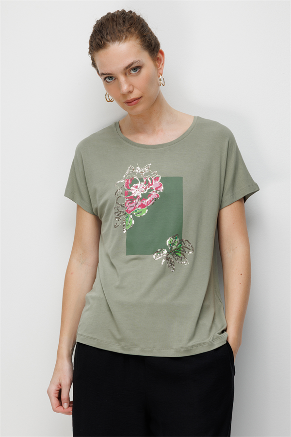 Kadın Sıfır Yaka Önü Payet Güllü Penye T-shirt Haki
