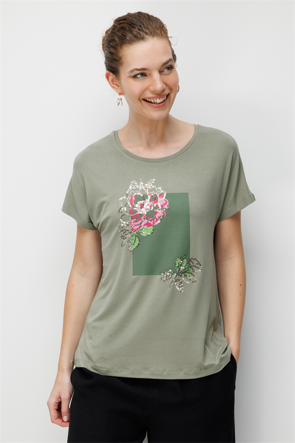Kadın Sıfır Yaka Önü Payet Güllü Penye T-shirt Haki