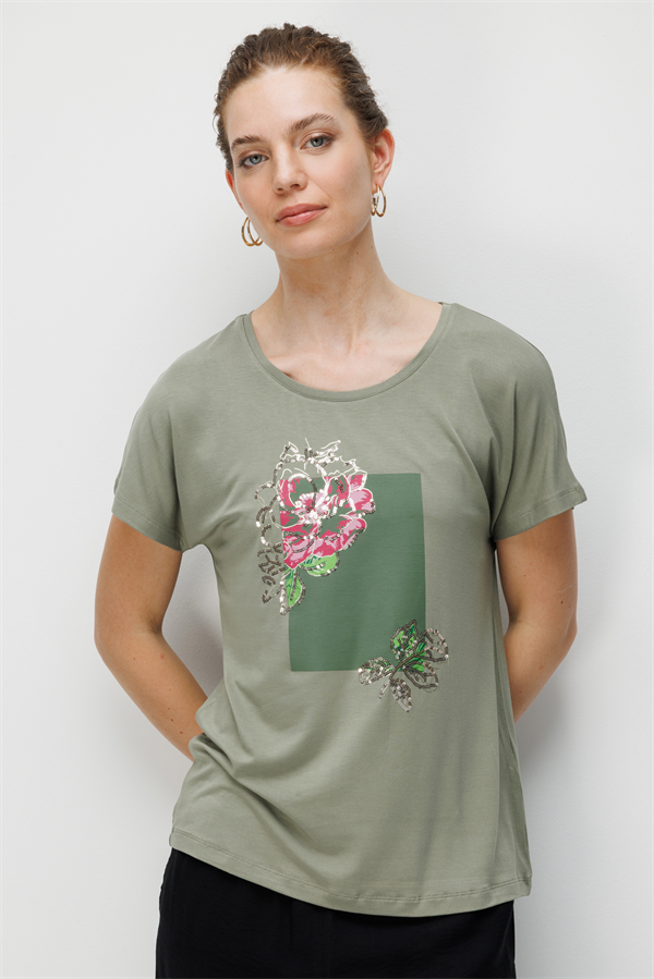 Kadın Sıfır Yaka Önü Payet Güllü Penye T-shirt Haki