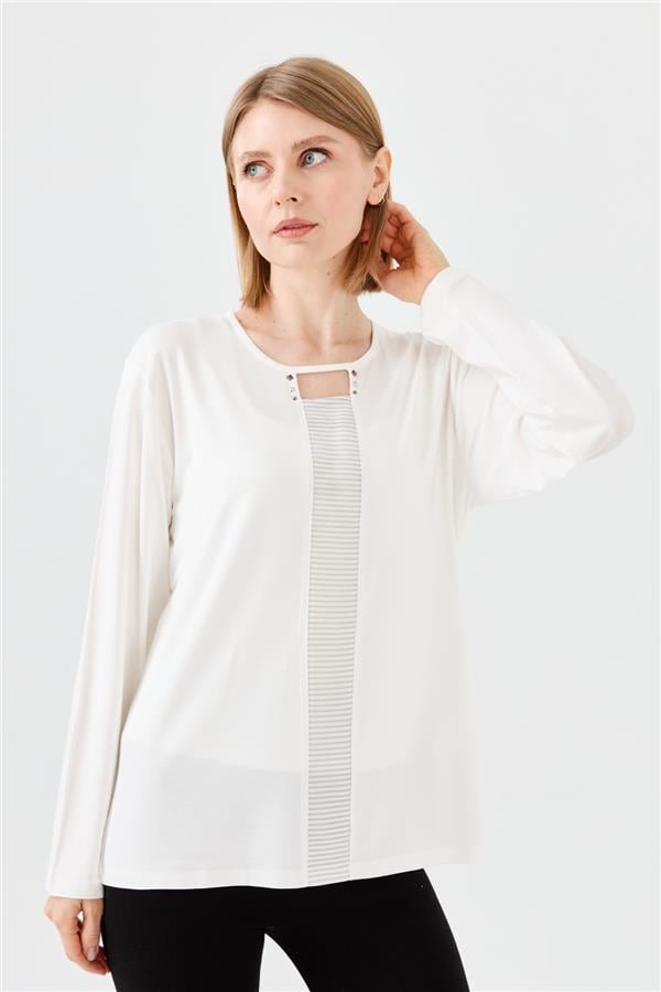 Womens Crew Neck Front Window Combed Blouse Cream