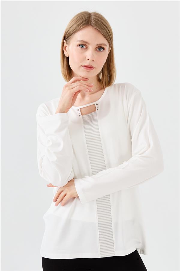 Womens Crew Neck Front Window Combed Blouse Cream