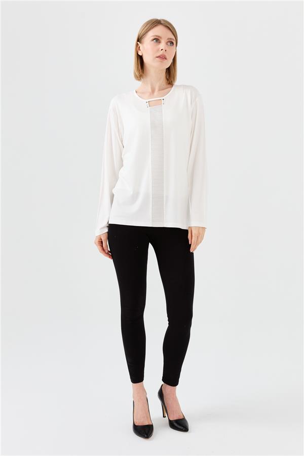 Womens Crew Neck Front Window Combed Blouse Cream