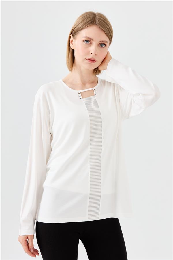 Womens Crew Neck Front Window Combed Blouse Cream