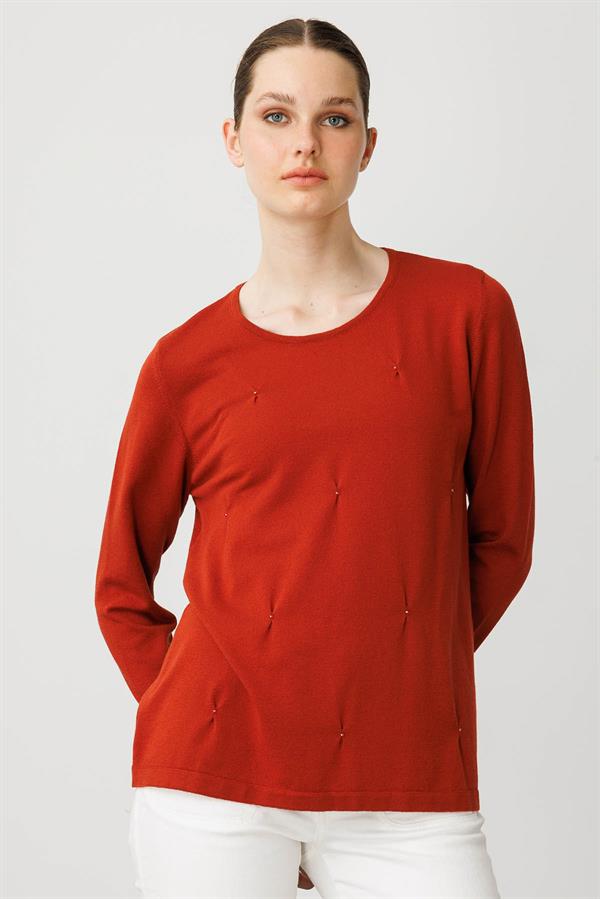 Kadın Sıfır Yaka Önü Pileli Boncuklu Ligralı Bluz K.Kiremit