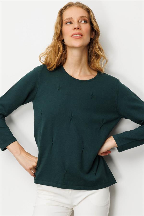 Kadın Sıfır Yaka Önü Pileli Boncuklu Ligralı Bluz Yeşil