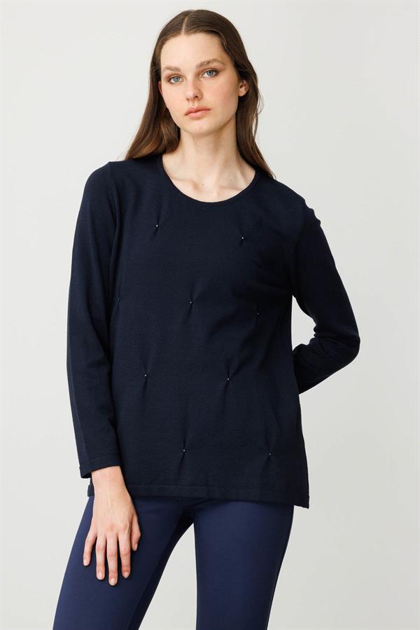 Kadın Sıfır Yaka Önü Pileli Boncuklu Ligralı Bluz K.Lacivert