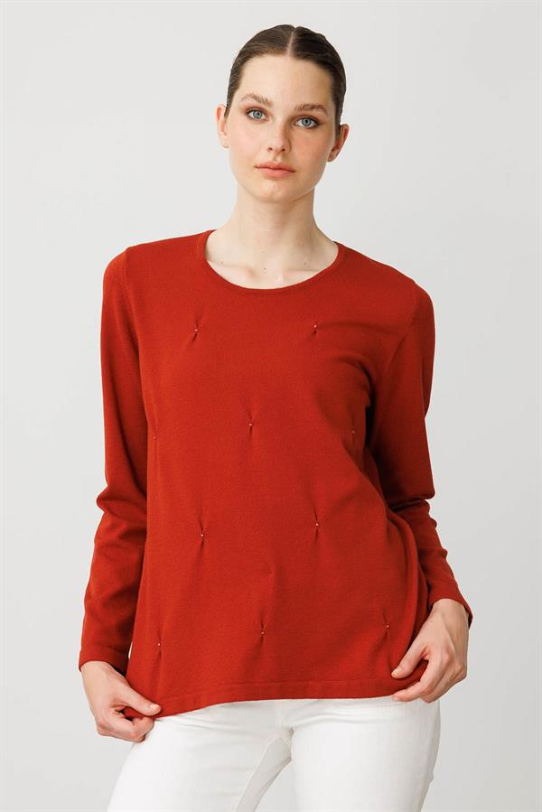 Kadın Sıfır Yaka Önü Pileli Boncuklu Ligralı Bluz K.Kiremit