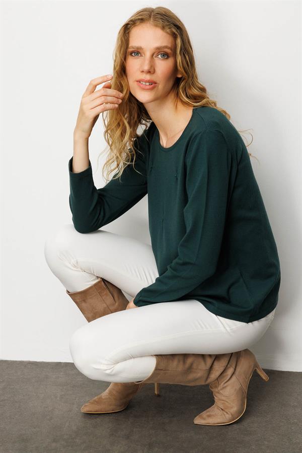 Kadın Sıfır Yaka Önü Pileli Boncuklu Ligralı Bluz Yeşil