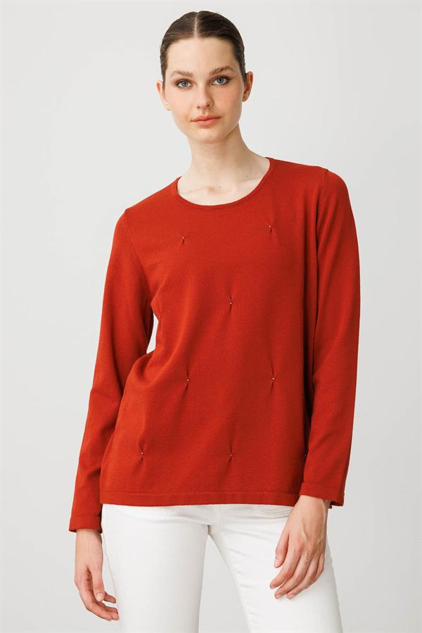 Kadın Sıfır Yaka Önü Pileli Boncuklu Ligralı Bluz K.Kiremit