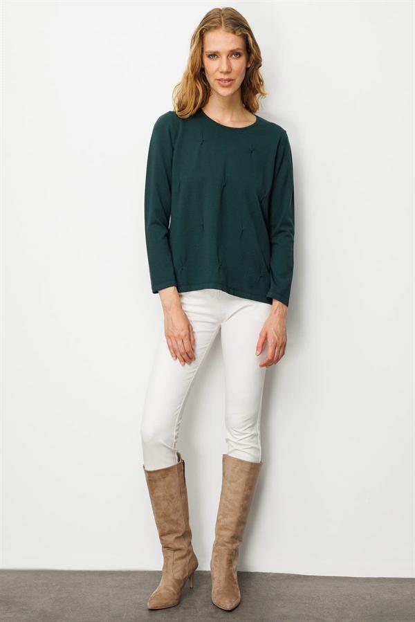 Kadın Sıfır Yaka Önü Pileli Boncuklu Ligralı Bluz Yeşil