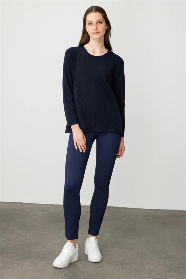 Kadın Sıfır Yaka Önü Pileli Boncuklu Ligralı Bluz K.Lacivert