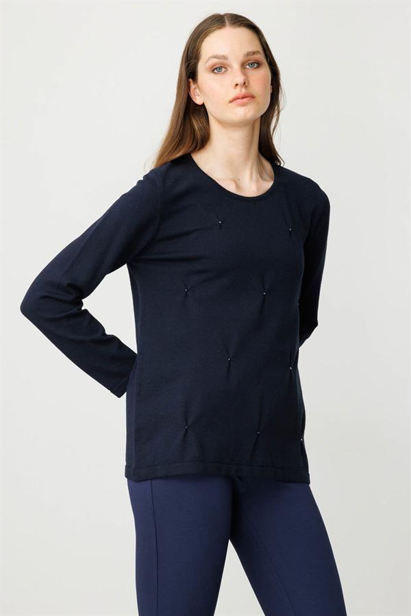 Kadın Sıfır Yaka Önü Pileli Boncuklu Ligralı Bluz K.Lacivert