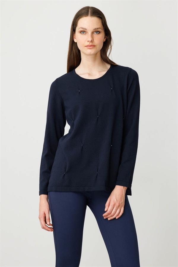 Kadın Sıfır Yaka Önü Pileli Boncuklu Ligralı Bluz K.Lacivert