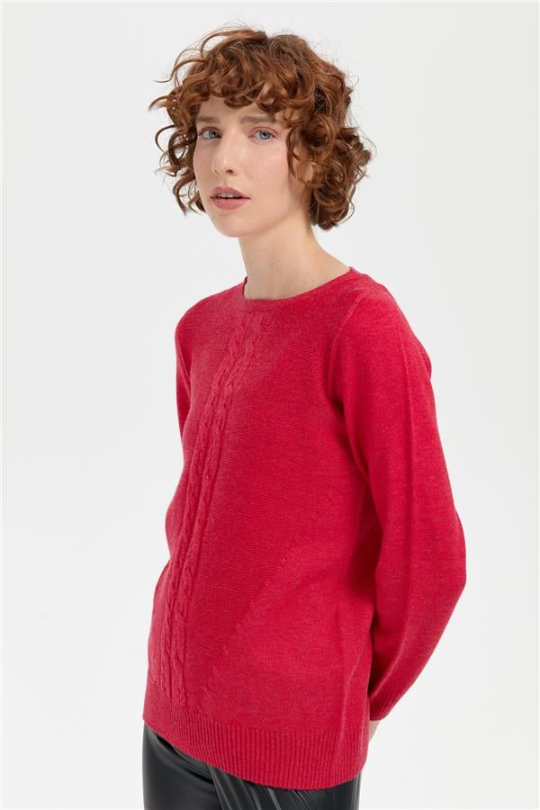 Kadın Sıfır Yaka Önü Saç Örgülü Kazak Kırmızı