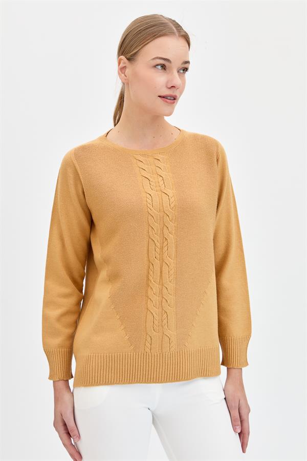 Женский плетеный свитер с круглым вырезом спереди