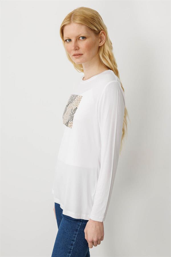 Kadın Sıfır Yaka Önü Taş Baskılı Penye Bluz Ekru