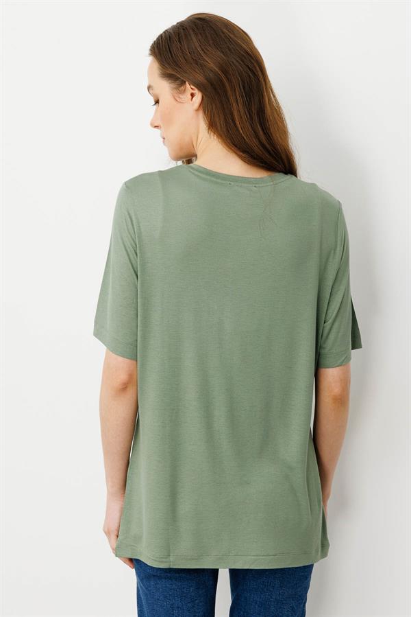 Kadın Sıfır Yaka Önü Taş Baskılı Penye T-shirt Haki