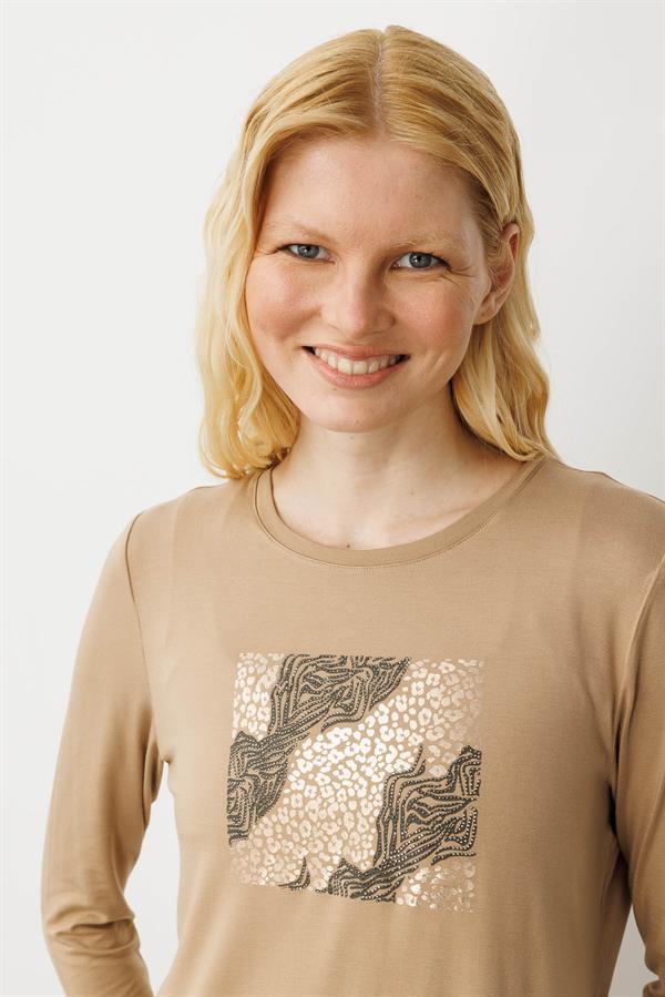 Kadın Sıfır Yaka Önü Taş Baskılı Penye Bluz Vizon