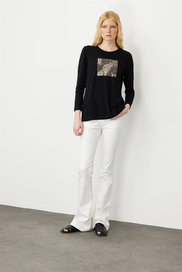 Kadın Sıfır Yaka Önü Taş Baskılı Penye Bluz Siyah