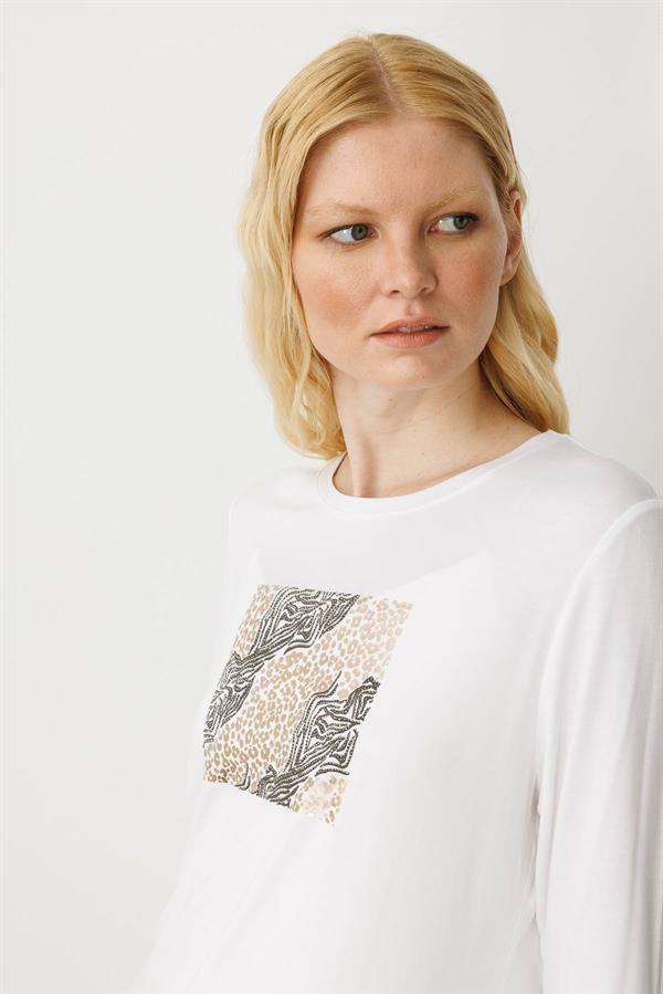 Kadın Sıfır Yaka Önü Taş Baskılı Penye Bluz Ekru