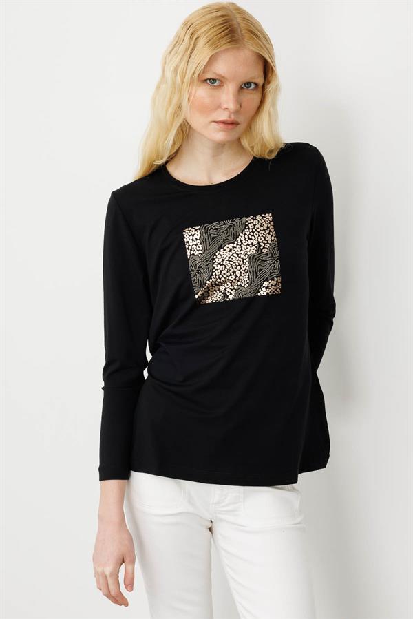 Kadın Sıfır Yaka Önü Taş Baskılı Penye Bluz Siyah