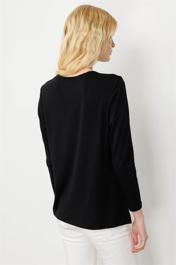 Kadın Sıfır Yaka Önü Taş Baskılı Penye Bluz Siyah