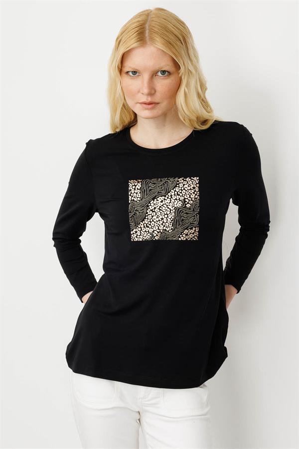 Kadın Sıfır Yaka Önü Taş Baskılı Penye Bluz Siyah