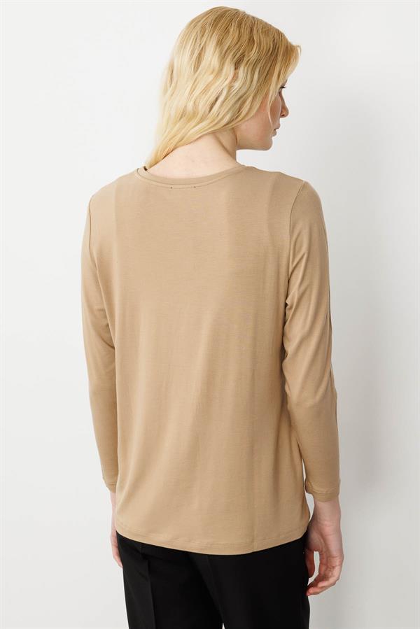 Kadın Sıfır Yaka Önü Taş Baskılı Penye Bluz Vizon