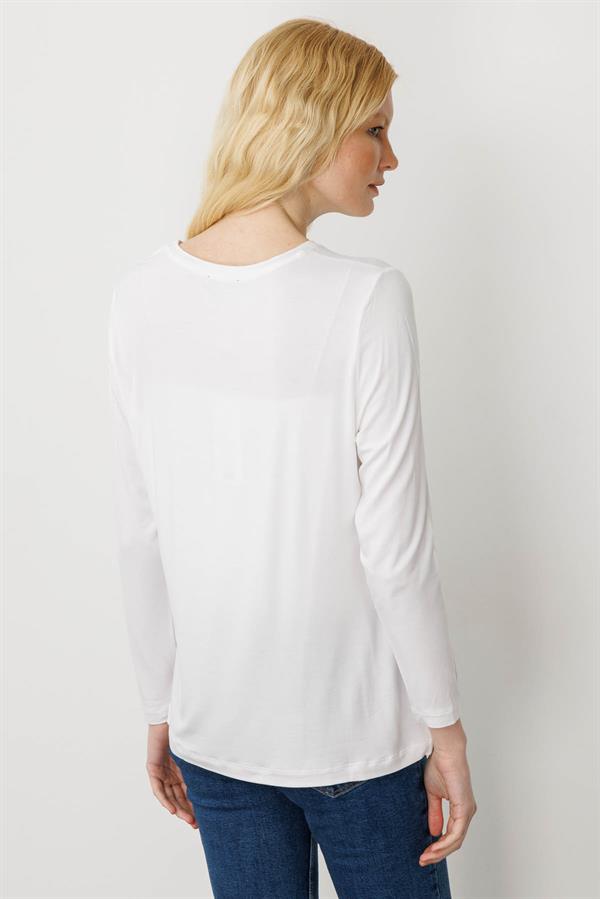 Kadın Sıfır Yaka Önü Taş Baskılı Penye Bluz Ekru