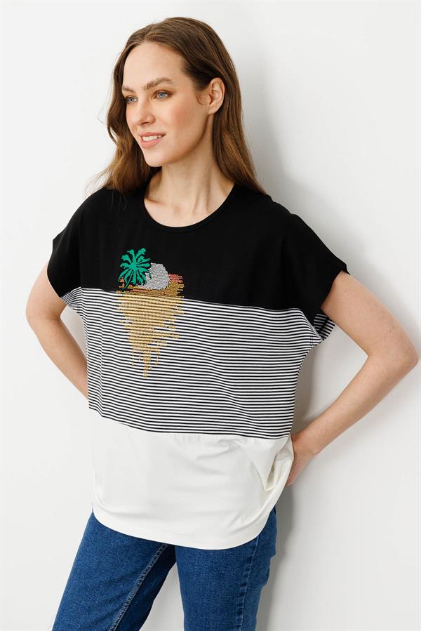 Kadın Sıfır Yaka Önü Taşlı Penye T-shirt Siyah