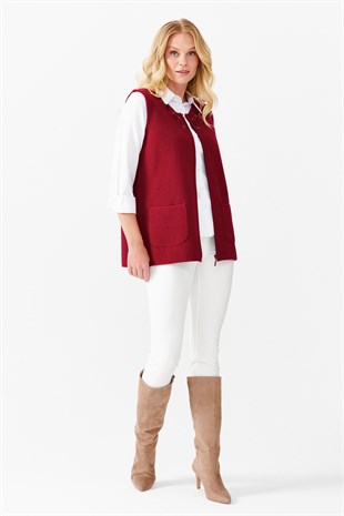 Женский лоскутный шерстяной жилет с круглым вырезом, вишневый 